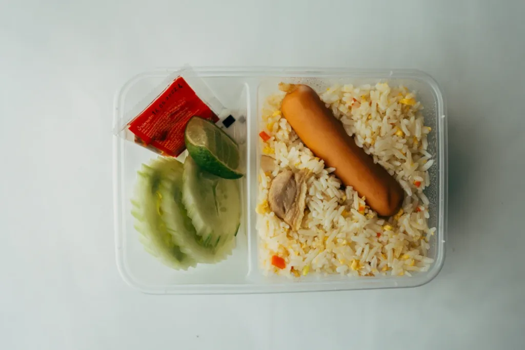 prepared meals placed on a grey table