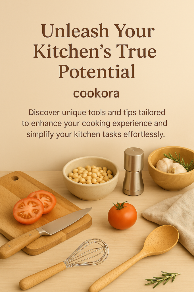 Cookora – Discover Smart Kitchen Tools | Cooking Solutions Blog A flat lay of fresh kitchen ingredients and tools with text promoting Cookora, a leading cooking solutions blog.