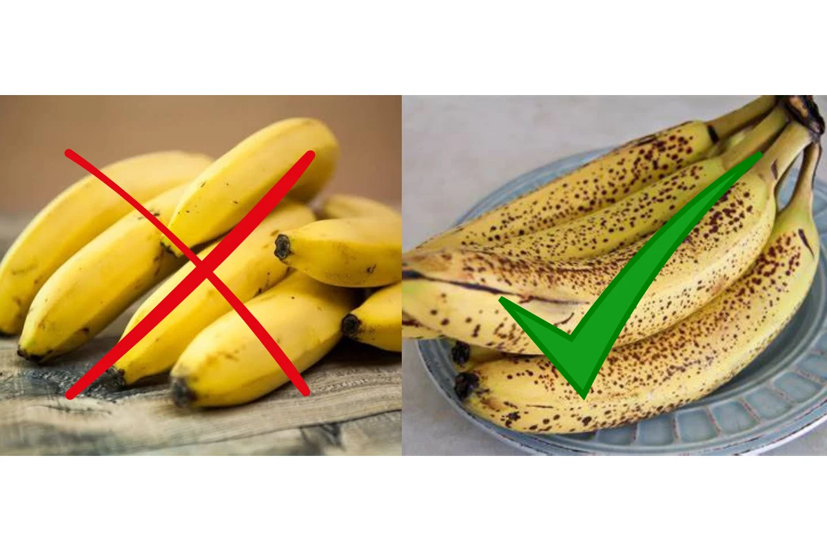 side-by-side comparison of an overripe banana and a banana
