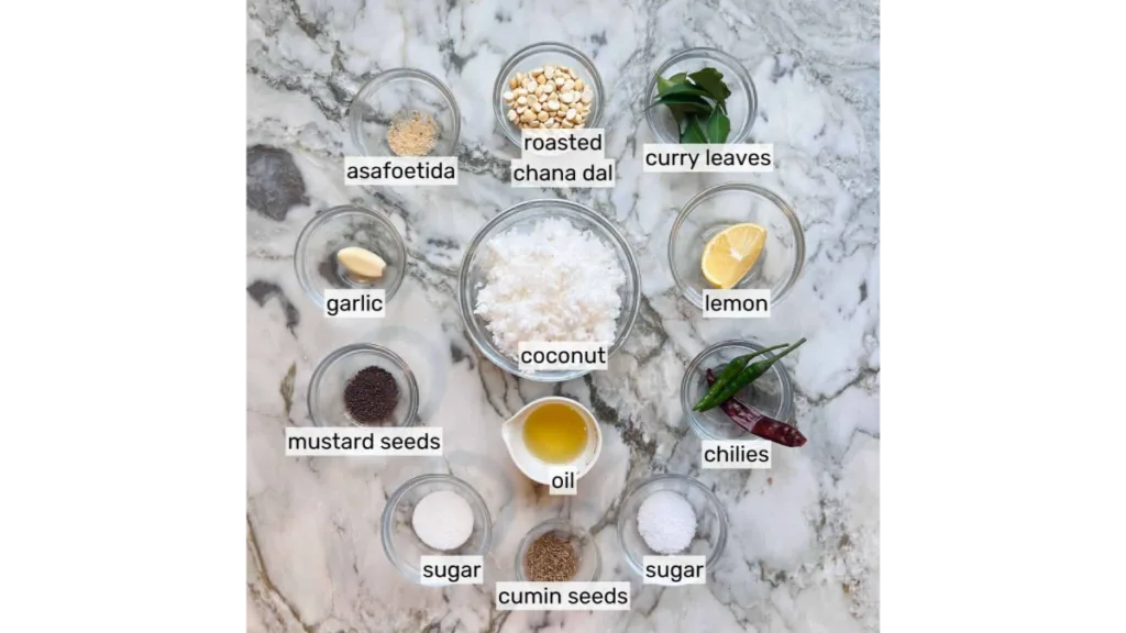 Fresh coriander, green chilies, and coconut prepped for chutney.